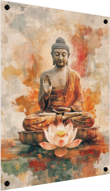 Warm watercolor painting of Lord Buddha in lotus posture with Abhaya Mudra blessing hand and pink lotus. — acrylic preview | PrintPosters.in