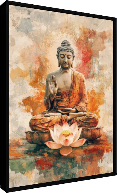 Warm watercolor painting of Lord Buddha in lotus posture with Abhaya Mudra blessing hand and pink lotus. — floater frame preview | PrintPosters.in