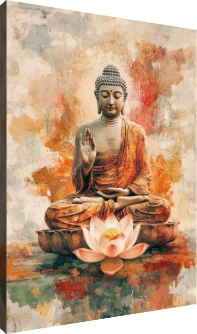 Warm watercolor painting of Lord Buddha in lotus posture with Abhaya Mudra blessing hand and pink lotus. | PrintPosters.in