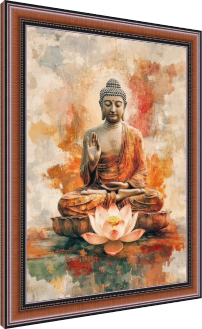 Warm watercolor painting of Lord Buddha in lotus posture with Abhaya Mudra blessing hand and pink lotus. — photo frame preview | PrintPosters.in