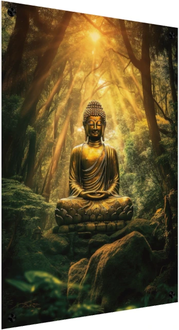 Golden Lord Buddha meditating on a lotus throne in a lush sunlit forest with glowing sunbeams. — acrylic preview | PrintPosters.in