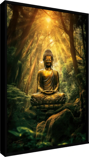Golden Lord Buddha meditating on a lotus throne in a lush sunlit forest with glowing sunbeams. — floater frame preview | PrintPosters.in