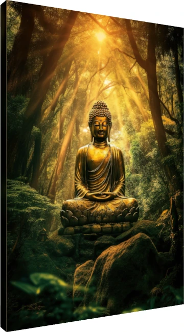 Golden Lord Buddha meditating on a lotus throne in a lush sunlit forest with glowing sunbeams. | PrintPosters.in