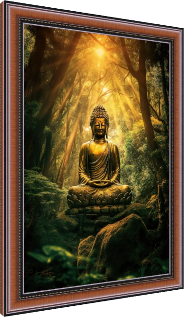 Golden Lord Buddha meditating on a lotus throne in a lush sunlit forest with glowing sunbeams. — photo frame preview | PrintPosters.in