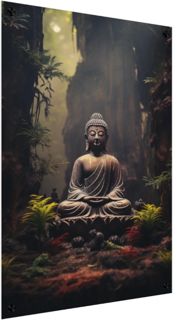 A carved stone Buddha seated in meditation pose on a lotus pedestal in a misty green forest. — acrylic preview | PrintPosters.in
