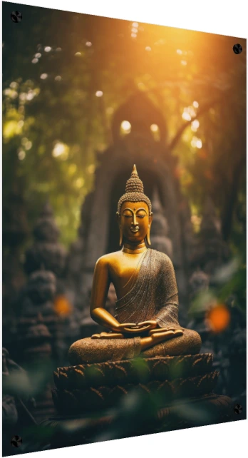 A serene golden Buddha statue sitting in lotus pose with warm sunlight filtering through a dark bokeh forest. — acrylic preview | PrintPosters.in