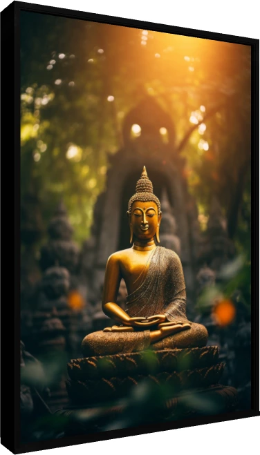 A serene golden Buddha statue sitting in lotus pose with warm sunlight filtering through a dark bokeh forest. — floater frame preview | PrintPosters.in