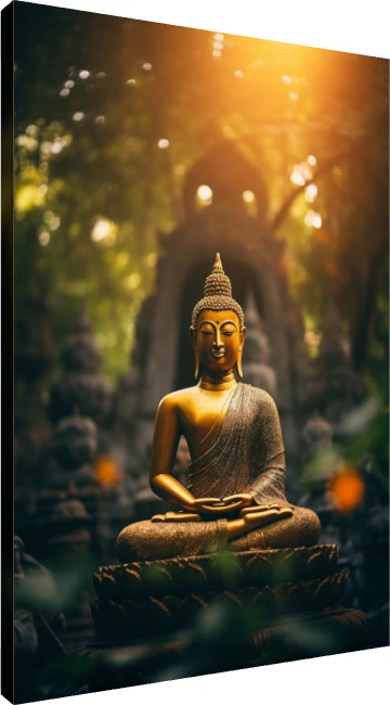 A serene golden Buddha statue sitting in lotus pose with warm sunlight filtering through a dark bokeh forest. | PrintPosters.in