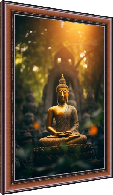 A serene golden Buddha statue sitting in lotus pose with warm sunlight filtering through a dark bokeh forest. — photo frame preview | PrintPosters.in
