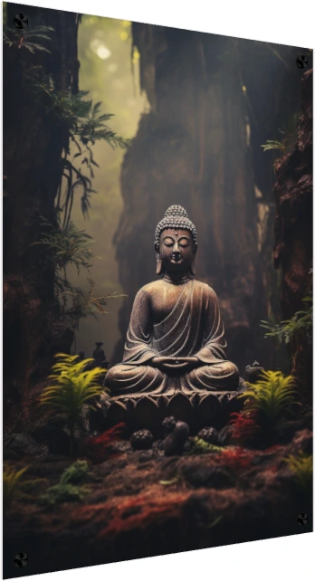 A bronze Buddha statue in meditation pose surrounded by misty forest trees and green ferns. — acrylic preview | PrintPosters.in