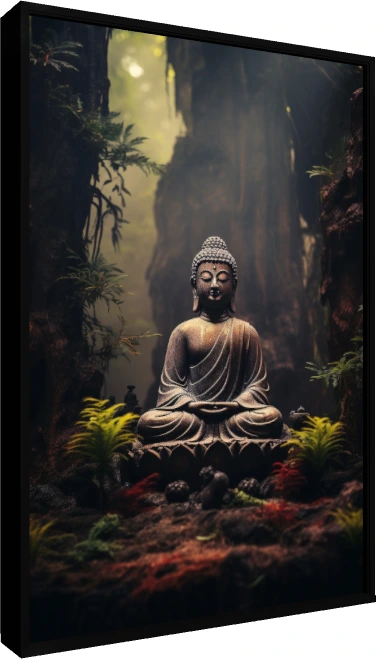 A bronze Buddha statue in meditation pose surrounded by misty forest trees and green ferns. — floater frame preview | PrintPosters.in