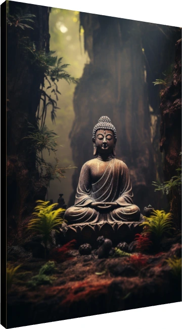 A bronze Buddha statue in meditation pose surrounded by misty forest trees and green ferns. | PrintPosters.in