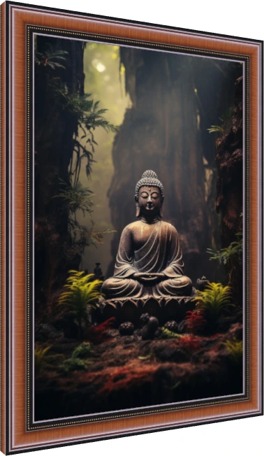 A bronze Buddha statue in meditation pose surrounded by misty forest trees and green ferns. — photo frame preview | PrintPosters.in