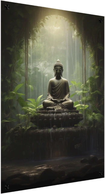 Meditating bronze Buddha statue seated in lotus position inside a misty tropical jungle under a golden ray of light. — acrylic preview | PrintPosters.in