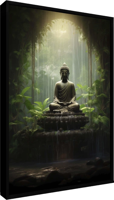 Meditating bronze Buddha statue seated in lotus position inside a misty tropical jungle under a golden ray of light. — floater frame preview | PrintPosters.in