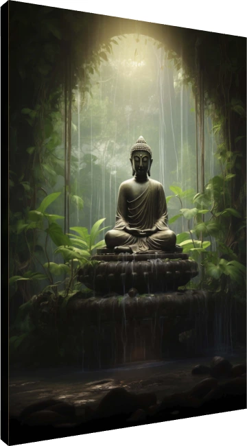 Meditating bronze Buddha statue seated in lotus position inside a misty tropical jungle under a golden ray of light. | PrintPosters.in