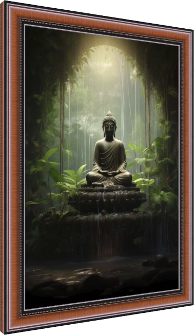 Meditating bronze Buddha statue seated in lotus position inside a misty tropical jungle under a golden ray of light. — photo frame preview | PrintPosters.in