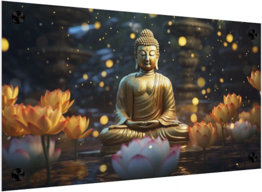 Golden Buddha statue meditating among pink and golden lotus flowers in a calm pond with glowing bokeh lights. — acrylic preview | PrintPosters.in