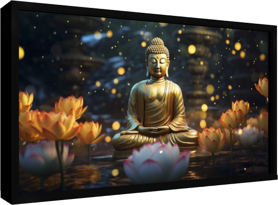 Golden Buddha statue meditating among pink and golden lotus flowers in a calm pond with glowing bokeh lights. — floater frame preview | PrintPosters.in