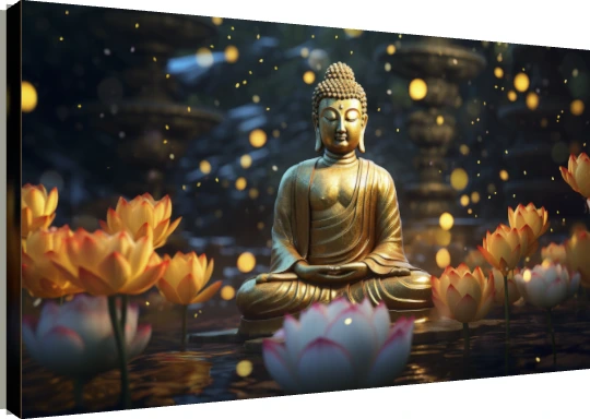 Golden Buddha statue meditating among pink and golden lotus flowers in a calm pond with glowing bokeh lights. | PrintPosters.in
