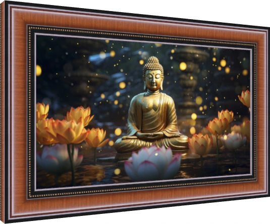 Golden Buddha statue meditating among pink and golden lotus flowers in a calm pond with glowing bokeh lights. — photo frame preview | PrintPosters.in