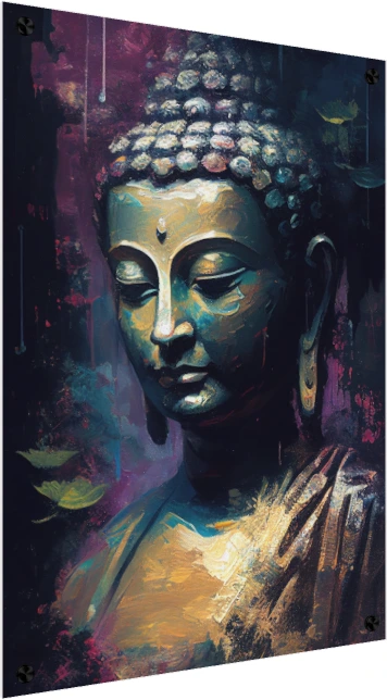 Impressionist painting of Lord Buddha in deep teal, plum, and gold with eyes closed in meditation. — acrylic preview | PrintPosters.in