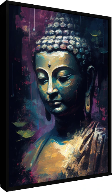 Impressionist painting of Lord Buddha in deep teal, plum, and gold with eyes closed in meditation. — floater frame preview | PrintPosters.in
