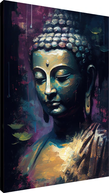 Impressionist painting of Lord Buddha in deep teal, plum, and gold with eyes closed in meditation. | PrintPosters.in