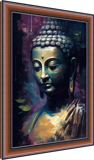 Impressionist painting of Lord Buddha in deep teal, plum, and gold with eyes closed in meditation. — photo frame preview | PrintPosters.in