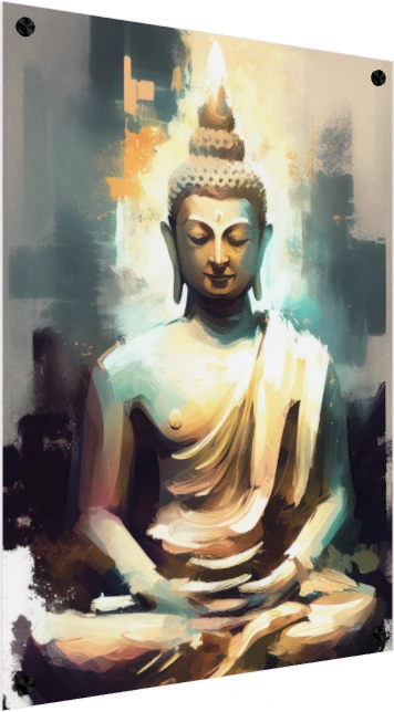 Contemporary abstract painting of Lord Buddha meditating with radiant golden and teal aura. — acrylic preview | PrintPosters.in