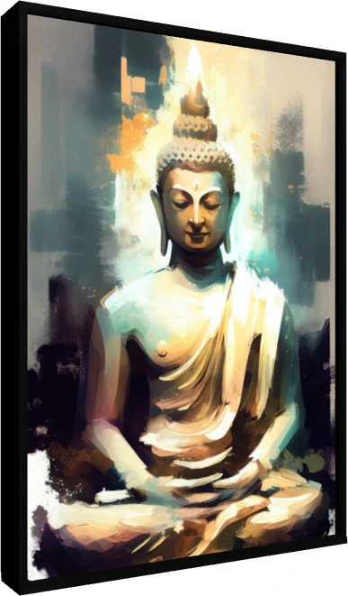 Contemporary abstract painting of Lord Buddha meditating with radiant golden and teal aura. — floater frame preview | PrintPosters.in