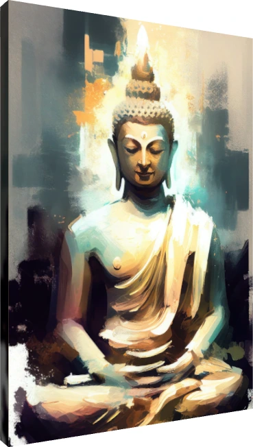 Contemporary abstract painting of Lord Buddha meditating with radiant golden and teal aura. | PrintPosters.in