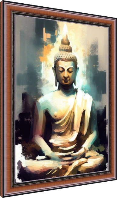 Contemporary abstract painting of Lord Buddha meditating with radiant golden and teal aura. — photo frame preview | PrintPosters.in