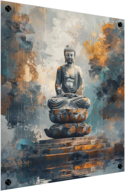 A serene statue of Lord Buddha in deep meditation seated on a lotus throne surrounded by abstract teal and gold washes. — acrylic preview | PrintPosters.in