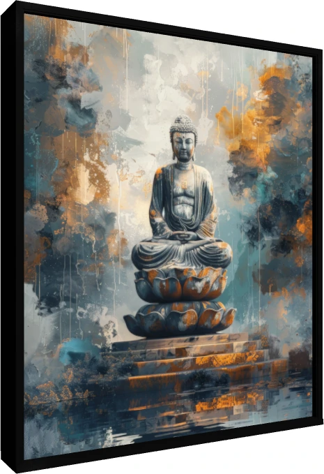 A serene statue of Lord Buddha in deep meditation seated on a lotus throne surrounded by abstract teal and gold washes. — floater frame preview | PrintPosters.in