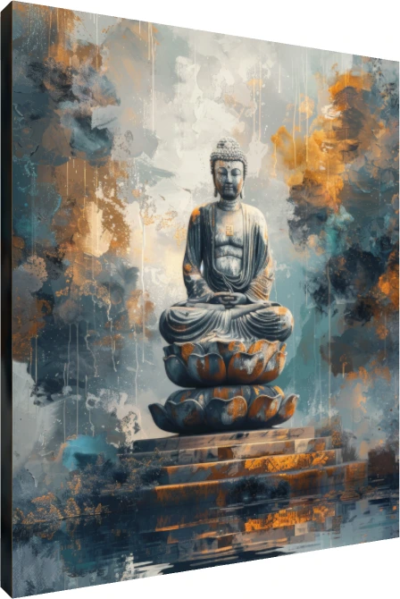 A serene statue of Lord Buddha in deep meditation seated on a lotus throne surrounded by abstract teal and gold washes. | PrintPosters.in