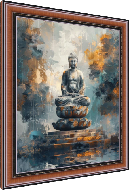 A serene statue of Lord Buddha in deep meditation seated on a lotus throne surrounded by abstract teal and gold washes. — photo frame preview | PrintPosters.in