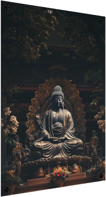 Dark bronze Buddha statue sitting in lotus posture with gold highlights in a serene temple setting. — acrylic preview | PrintPosters.in