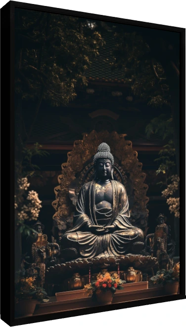 Dark bronze Buddha statue sitting in lotus posture with gold highlights in a serene temple setting. — floater frame preview | PrintPosters.in