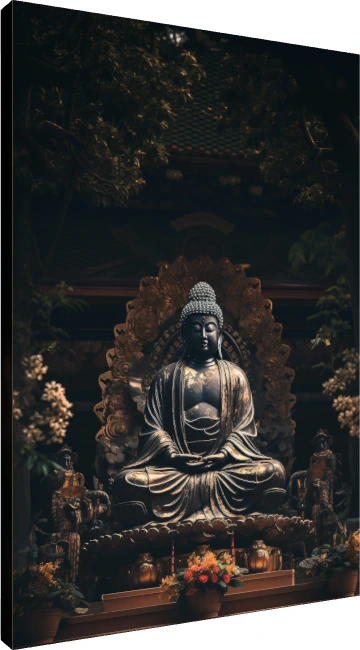 Dark bronze Buddha statue sitting in lotus posture with gold highlights in a serene temple setting. | PrintPosters.in