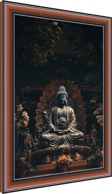 Dark bronze Buddha statue sitting in lotus posture with gold highlights in a serene temple setting. — photo frame preview | PrintPosters.in