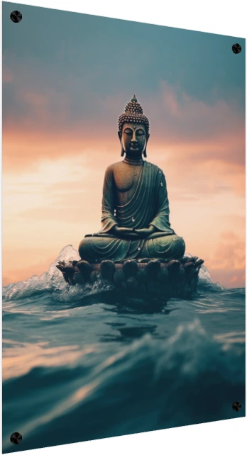 Lord Buddha meditating on a lotus pedestal floating over dark teal ocean waves under a warm sunset sky. — acrylic preview | PrintPosters.in