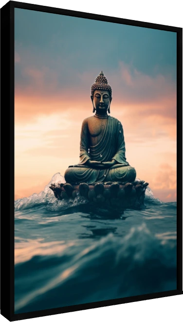 Lord Buddha meditating on a lotus pedestal floating over dark teal ocean waves under a warm sunset sky. — floater frame preview | PrintPosters.in