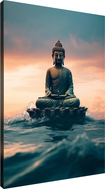 Lord Buddha meditating on a lotus pedestal floating over dark teal ocean waves under a warm sunset sky. | PrintPosters.in