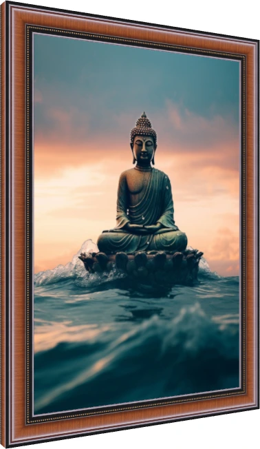 Lord Buddha meditating on a lotus pedestal floating over dark teal ocean waves under a warm sunset sky. — photo frame preview | PrintPosters.in