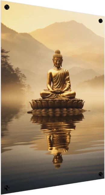 Golden Buddha in lotus meditation pose floating over calm lake reflecting in water with misty mountain backdrop. — acrylic preview | PrintPosters.in