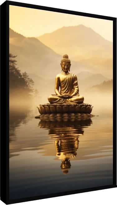 Golden Buddha in lotus meditation pose floating over calm lake reflecting in water with misty mountain backdrop. — floater frame preview | PrintPosters.in