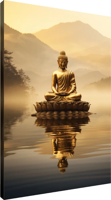 Golden Buddha in lotus meditation pose floating over calm lake reflecting in water with misty mountain backdrop. | PrintPosters.in