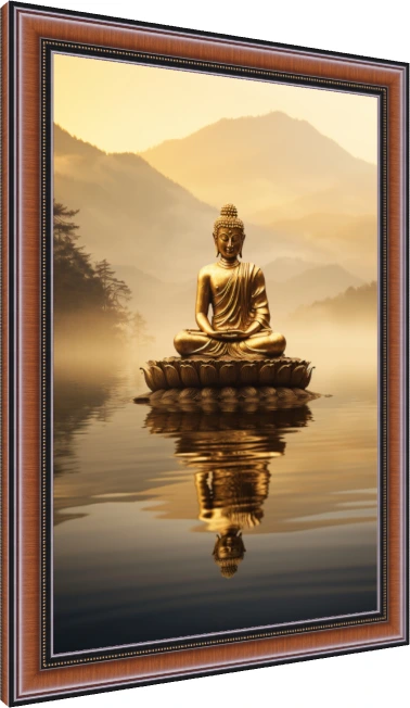 Golden Buddha in lotus meditation pose floating over calm lake reflecting in water with misty mountain backdrop. — photo frame preview | PrintPosters.in