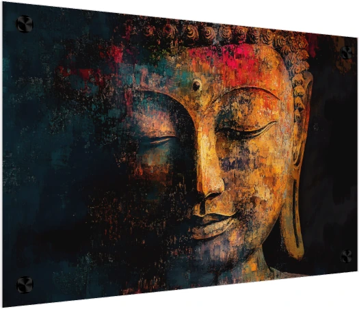 Abstract textured painting of Lord Buddha's face in warm gold and deep teal tones with serene closed eyes. — acrylic preview | PrintPosters.in